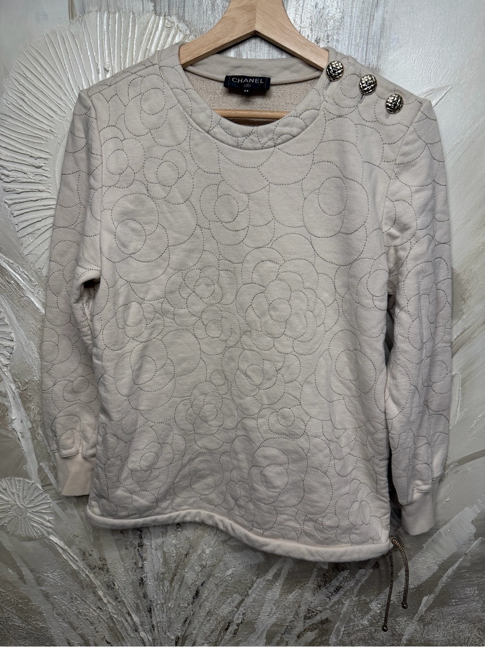 Chanel Beige 2018 Camellia Embroidered Sweatshirt Size 38
